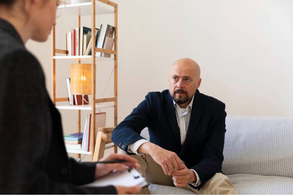 Man in a private counseling session discussing recovery during Heroin Addiction Treatment in New Jersey.