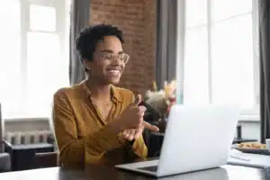 Young woman in online therapy session